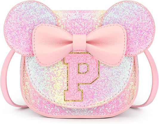 mibasies Toddler Purse Girl Gifts: Girls Birthday Gifts for 3-8 - Toys for Ages 2-4 Girls Mouse Ears Purse, Glitter Rainbow, Letter P