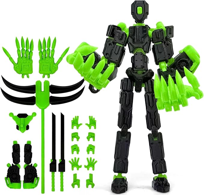 5.5Inch T13 Action Figure Assembly Completed, T13 3D Printed Action Figure Multi-Jointed Movable Robot Set,Collectors Desktop Decorations for Game Lovers Toys (Black Green)