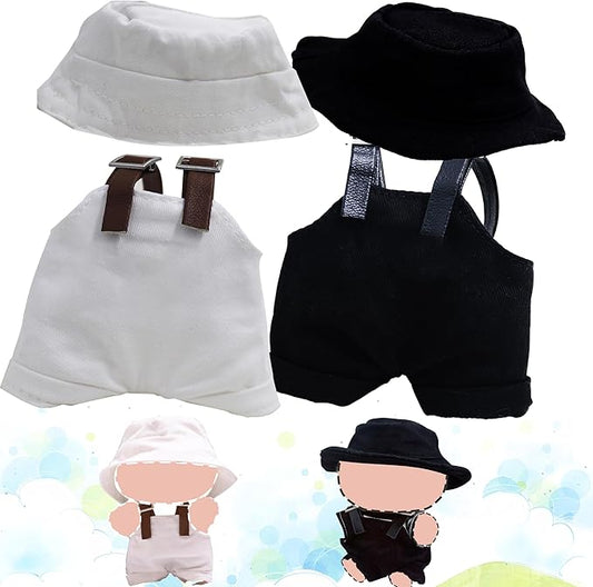 Clothes Set for Doll, 17cm Hat & Overalls Set Dolls Clothes Accessories Suit, Stylish Clothes for Dress up Unique Style (NO Doll)(Black+White, 2-Pack)