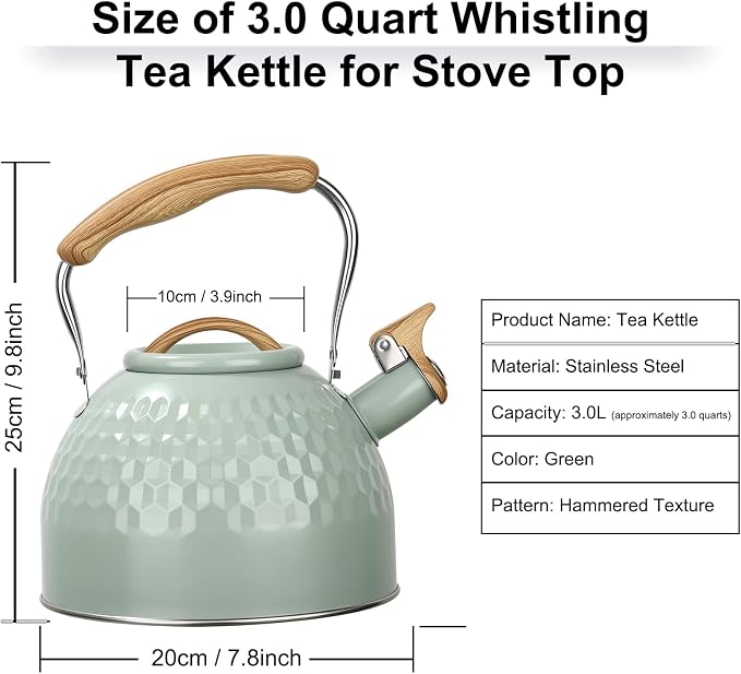 Stainless Steel Whistling Tea Kettle 3 L Tea Kettle Stovetop Teapot Hot Water Kettle w Whistle Spout, Fast Boiling Electric Kettle Stove Top Food Grade Coffee Milk Kettle Pot Folding Handle -Green