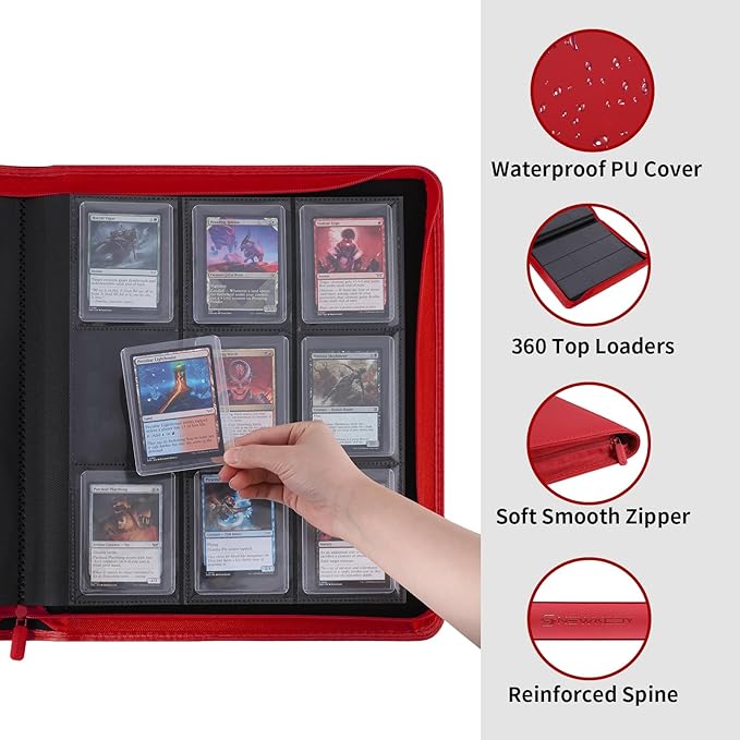 Snekdy Top loader Binder, 9 Pockets Top Loader，Holds 360 Top Loaders cards, Card binder with Sleeves for card in 3 x 4 inches color smooth Zipper PU Leather (Red)