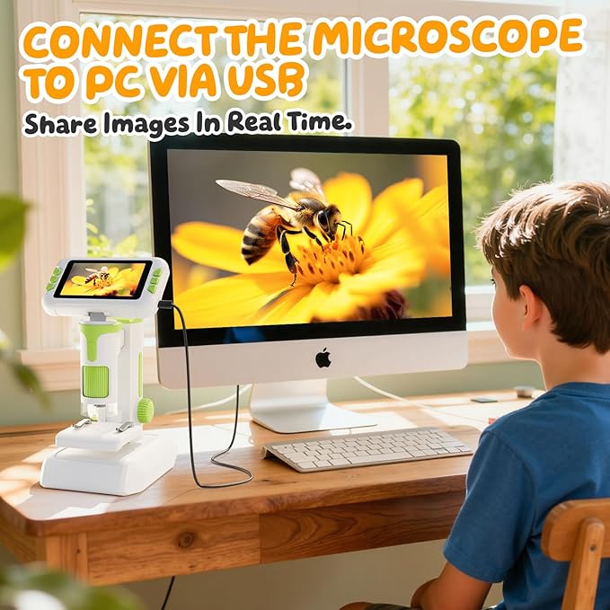 1600X Microscope for Kids, 4K 4.0" Digital Screen Kids Microscopes with Slides Kit, Educational Science Toys for Christmas Birthday Gifts for 3-14 Year Old Children Students