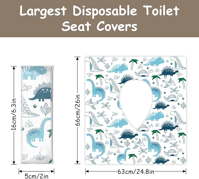 DEEKI Toilet Seat Covers Disposable, 40 Pcs XL Waterproof for Kids Adults, No-Slip Clean Safety Covers for Toddler Potty Training, Portable for Travel and Public Restrooms Toilets Airplane -Dinosaur