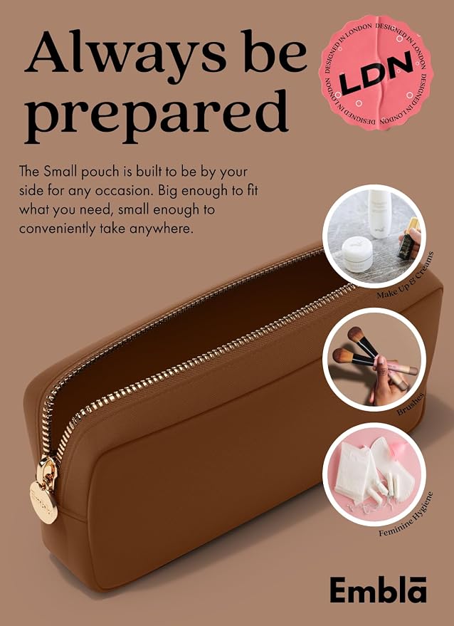 Embla Makeup Bag Travel Cosmetics Pouch and Toiletry Bag, Nylon Zipper Pouch Purse, Cute Make Up Organizer Storage Tote for Women Girls, Waterproof Travel Skincare Case, Small Makeup Bags, Chocolate