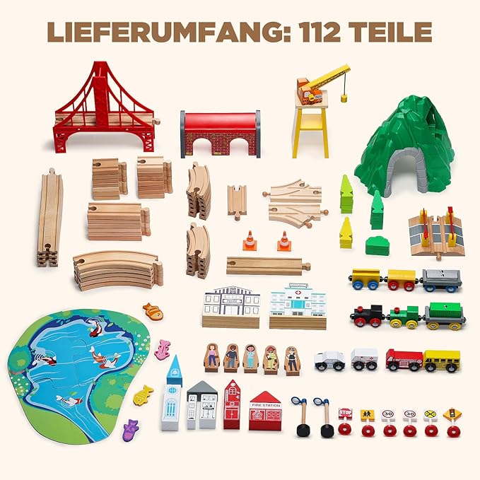 SainSmart Jr. 112-Piece Wooden Train Set for Toddler – Double-Sided Train Tracks, Compatible with Brio, Thomas, Melissa & Doug – Perfect Wood Toy for Boys and Girls