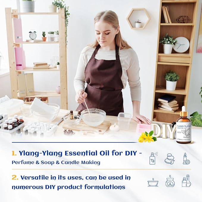 HIQILI Ylang-Ylang Essential Oil for Diffuser, Aromatherapy, Perfumes | Long-Lasting Scent to Keeping Your Space Fresh Makes Body Feel Calm and Relaxedand and Used for DIY - 30ml / 1.01 fl oz