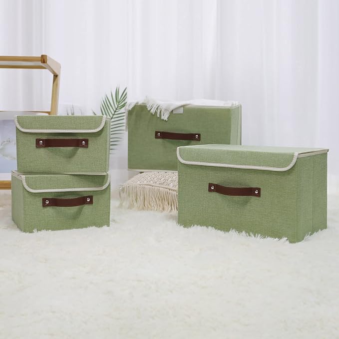 ANMINY Fabric Storage Box Bins with Lids, Green, 10"x8"x7", 2 Pack | Keepsake Memory Storage, Cotton Linen, PP Board Reinforced, Washable, PU Handles, Foldable & Stackable, Decorative, Small