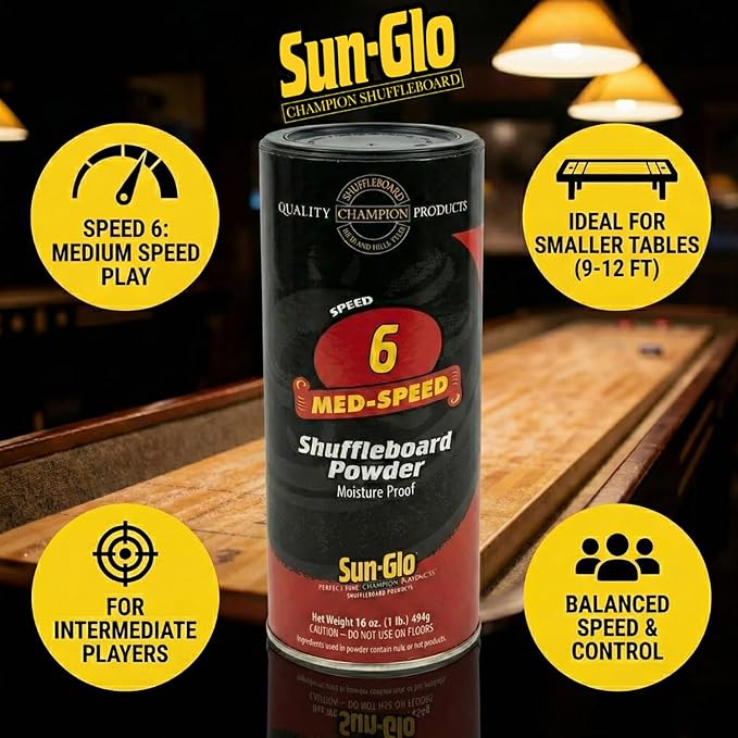 Sun-Glo Shuffleboard Powder Speed #6 (Medium Speed) – Slow Speed for Small Tables (9-12 Ft) & Beginners – 16 oz Shaker Can (2-Pack)