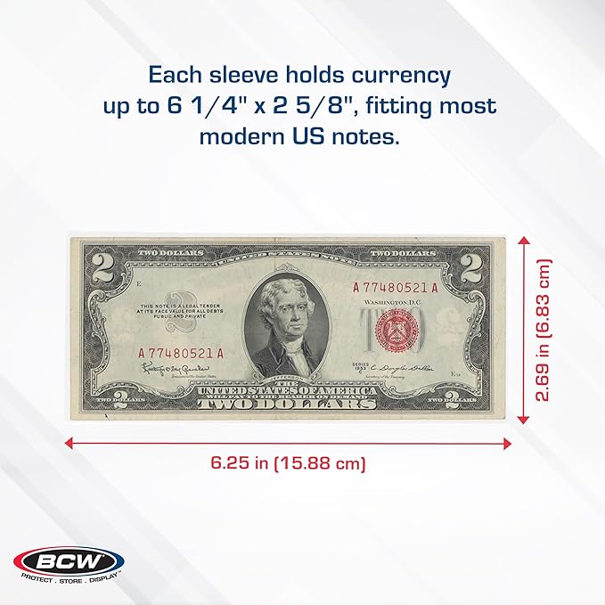 BCW Regular Bill Currency Sleeves – 100 Pack | Thin, Low-Bulk, Acid-Free Polypropylene Sleeves for US Paper Currency | Clear Protective Sleeves for Handling