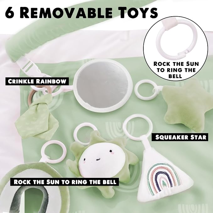 Mallify Washable Tummy Time Mat, Baby Play Gym with 6 Featured Toys, Baby Gym for Infant & Toddler, Larger Baby Play Mat, Deluxe Baby Play Mats for Floor, Sensory and Motor Skill Development, Green