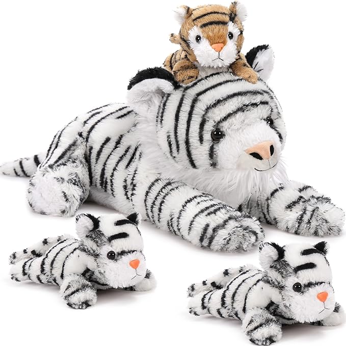 MaoGoLan 4Pcs White Tiger Stuffed Animals, 17.7 inches Large Tiger Plush Toy Set, Stuffed Mommy Tiger with 3 Cubs, Gifts for Boys Girls, Birthday Christmas Festive Decor
