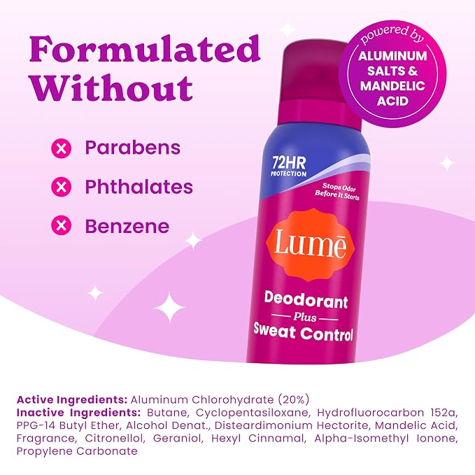 Lume Deodorant Plus Sweat Control - Invisible Spray - Extra Strength Antiperspirant For Underarms - 72 Hour Odor And Sweat Control - Phthalate and Paraben Free Formula - 2 Pack (Soft Powder)