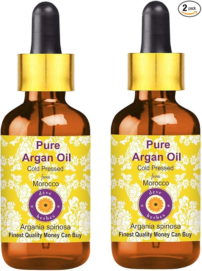 Deve Herbes Pure Argan (Moroccan) Oil (Argania spinosa) with Glass Dropper Cold Pressed (Pack of Two) 100ml X 2 (6.76 oz)