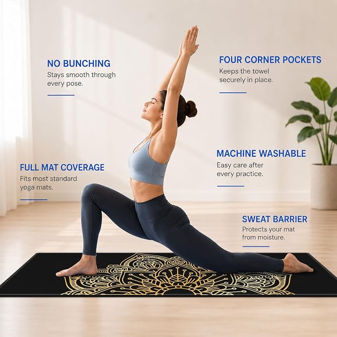 Yoga Mat Towel, Hot Yoga Non Slip with 4 Corner Pockets, 74 x 26 in | Soft Absorbent Microfiber With Four Corner Pockets, Fits Over Yoga Mats For Hot Yoga, Pilates, Gym, And Travel