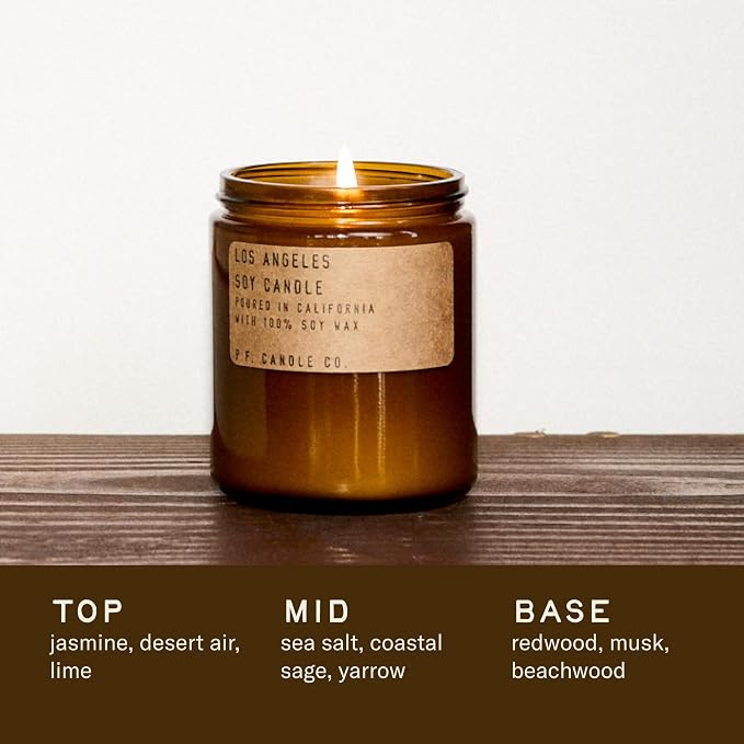 P.F. Candle Co. Los Angeles Classic Standard Scented Soy Wax Candle (7.2 oz) 40-50 Hour Burn Time, Amber Glass Jar, Made in The U.S.A.