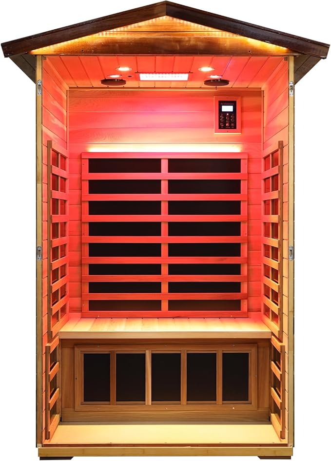 Kanlanth Red Cedar 2 Person Outdoor Infrared Sauna, Ultra-Low EMF Far Infrared Sauna, 1,750W, Luxury Outdoor Infrared Sauna with Near red Light and Chromotherapy, Bluetooth, LED