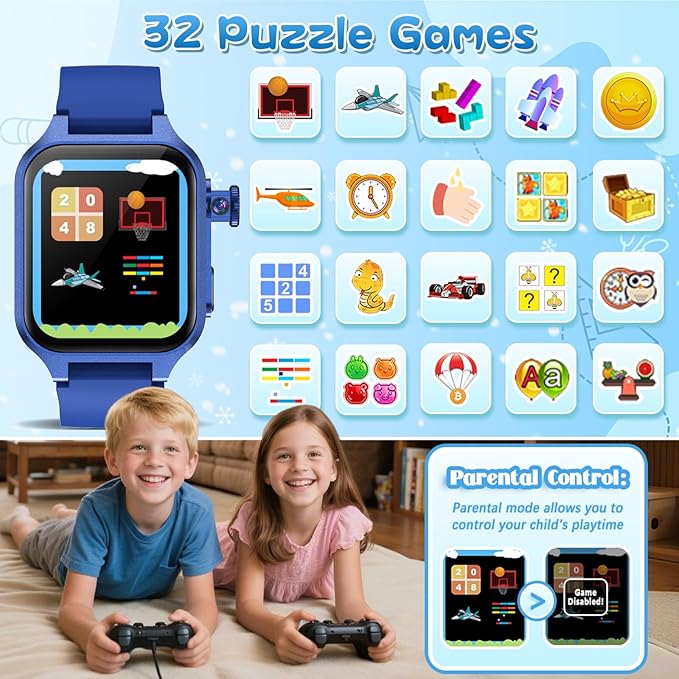 Smart Game Watch for Kids with 32 Games, Telescopic Camera, Pedometer, Alarm, Video, Music, Auidobook, Learn Card, Parental Control, Kids Wrist Watch for Ages 4-12 Girls Boys Chrismars Birthday Gifts