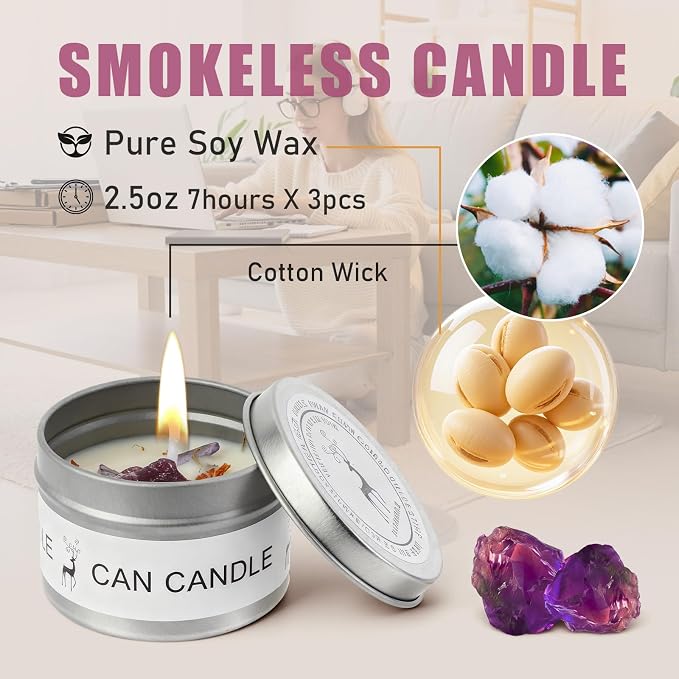 Chakra Crystals Candle, 3 Scented Soy Candles with Crystals, Spiritual Gifts for Women, Mothers Day Gifts, Aromatherapy Candle, Canned Soy Candles (Enery Balance Set)