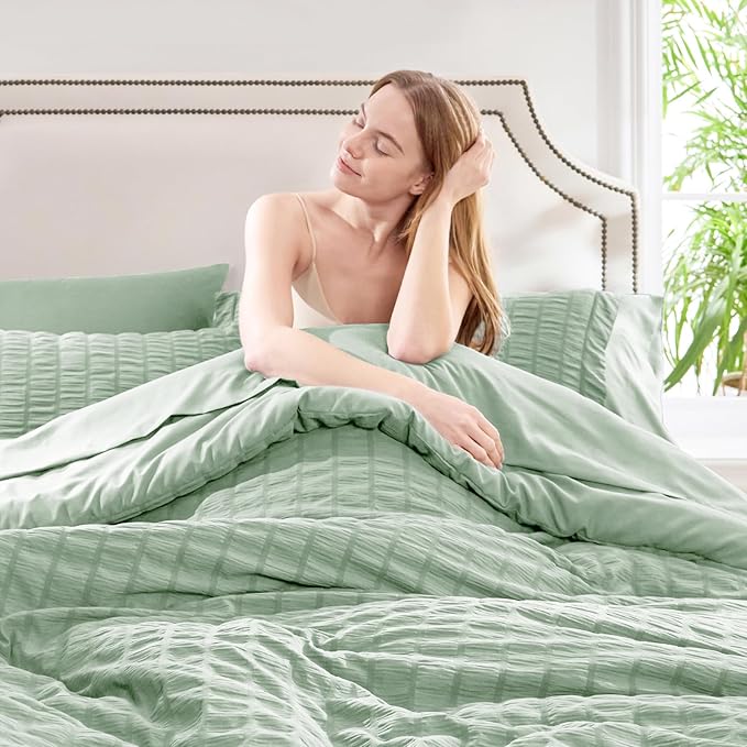 CozyLux Queen Comforter Set Sage Green Seersucker 7 Pieces Bed in a Bag Queen Comforter Set with Sheets, Luxury Soft Bedding Set with Down Alternative Comforter, Sheets, Pillowcases & Shams All Season