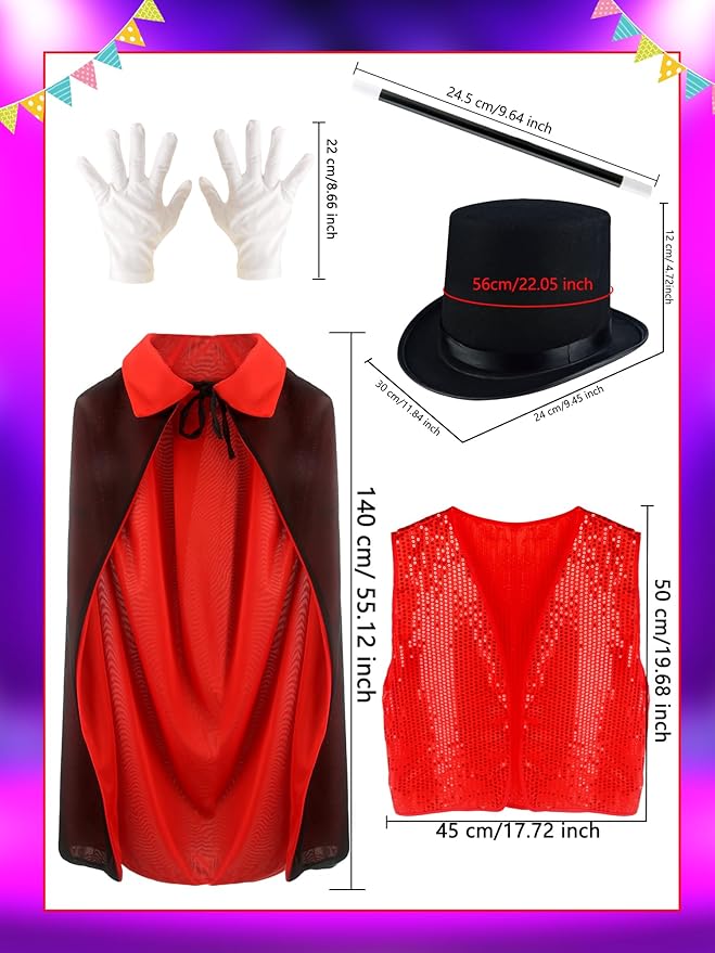 5 Pcs Kids Magic Costume Set Include Magician Hat Cape Vest Wand Gloves Magic Dress Up Outfit for Halloween Pretend Play