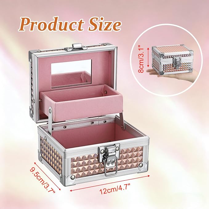 Hipiwe 2-Layer Jewelry Box with Mirror & Tray Aluminum Trinket Organizer | Hair Accessories Holder, Jewelry Storage Box for Necklace Earrings Rings Gift for Women, Rose Gold 4.7"x 3.7"x 3.1"