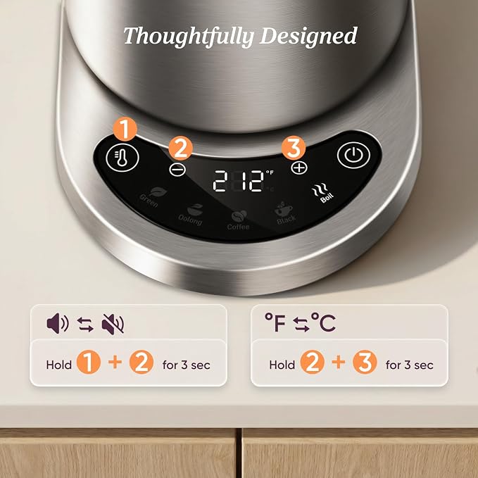 Cosori Electric Kettle, Plastic-Free Interior, 5 Presets ±5℉ Temperature Control, Fast Boiling, 2 Lid Opening, 60Min Keep Warm, Stainless Steel Tea Kettle for Tea, Hot Water, Boil Water, Coffee, 1.7L