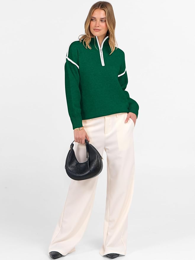 ANRABESS Womens Quarter Zip Sweaters Fall Long Sleeve V Neck Shirts Collared Business Casual Tops Knit Pullover Sweatshirts