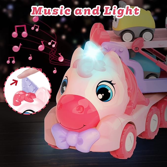 7 in 1 Carrier Truck Cars for Toddlers 1-3,Unicorn Car with Lights & Music,Toddler Girl Toys Age 2-4,Toys for 1 2 3 Year Old Girl Gifts Birthday for Baby Girls