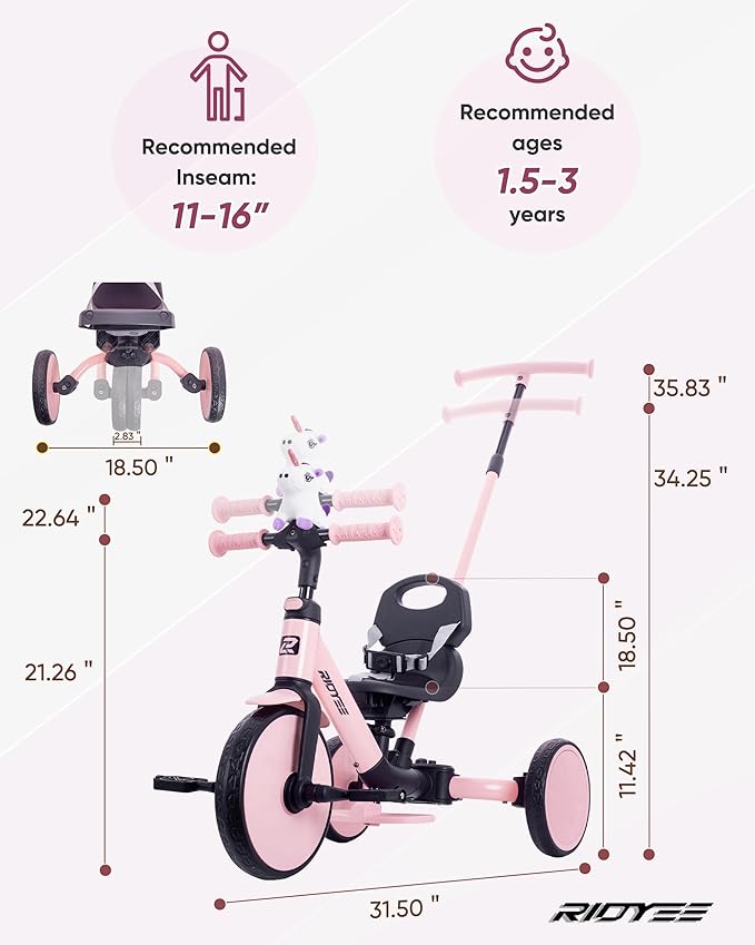 5-in-1 Toddler Tricycle for Ages 1.5–3, Parent Steering Push Trike, Tool-Free Convertible to Balance Bike, Safety Belt, Removable Backrest and Footrest, Ride-On Toy for Boys & Girls, Pink