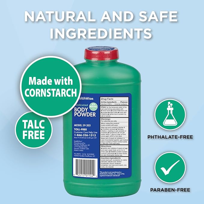 HealthWise Medicated Extra Strength Body Powder | .8% Menthol | Talc Free | Anti-Itch Healing Relief | Cools Skin | Absorbs Moisture | 10 oz (283g)