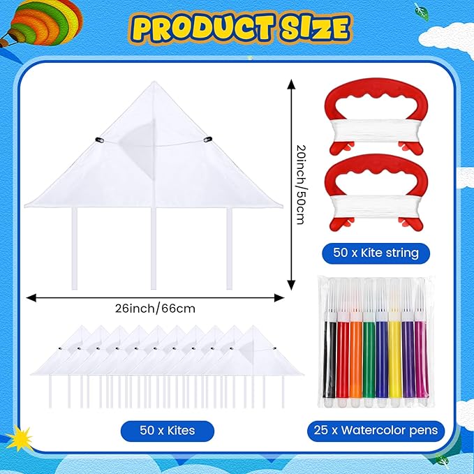 Syhood 50 Pcs DIY Kites for Kids Making Kit 20 Inch Summer Decorating Coloring Kites with Watercolor Pens and String Making Craft Kits for Outdoor Game and Activities