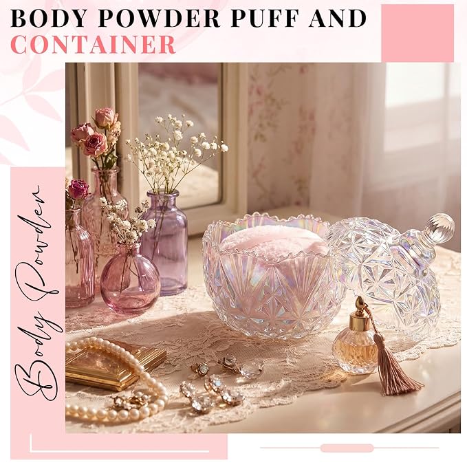 Tioncy 2 Pcs Extra Large Dusting Powder Puff and Container for Women-6'' Glass Crystal Dusting Powder Container with Body Soft Washable Reusable Velour Face(Dazzling,Crown)