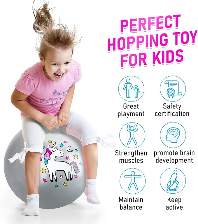 U&C Planet Hopper Ball 18 inches Bouncy Ball with Handle for Kids Age 3-6 Hoppity Hop Sit and Bounce Jumping Hopping with Pump and Gift Box Great Gift for Birthday Christmas, Silver
