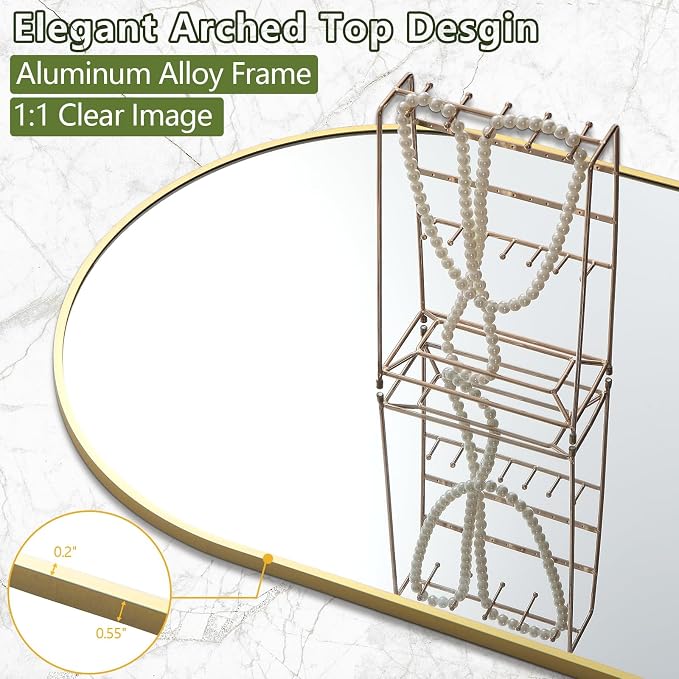 Dewfig Arched Full Length Mirror, 77"x38" Large Floor Mirror, Gold | Aluminum Alloy Frame Oversized Full Body Mirror, HD Shatterproof Tempered Glass, Lean/Stand/Wall for Living Room,Bedroom