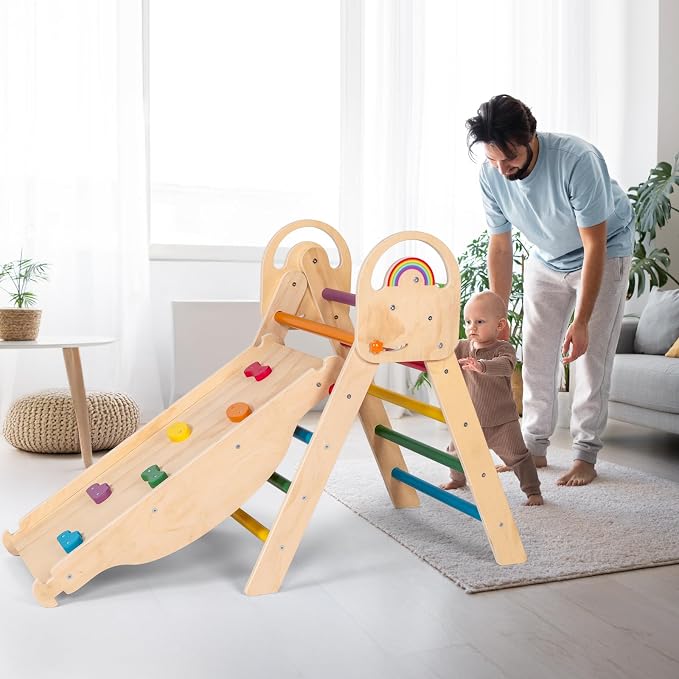 Montessori-Inspired Wooden Pikler Triangle, Space-Saving Indoor Jungle Gym with Convertible Ramp, Detachable Arch & Sturdy Ladder