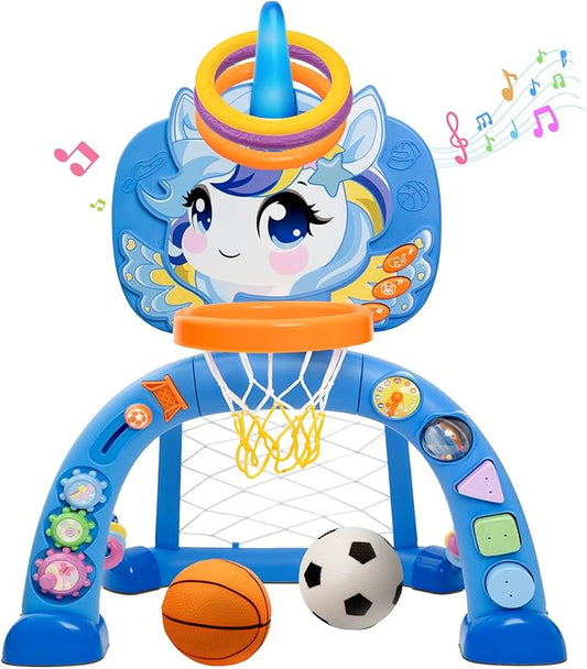 Fabeto Basketball Hoop & Soccer Goal for Toddlers – 3-in-1 Sports Play Set with Ring Toss | Indoor Outdoor Activity Toy for 1 2 3 Year Old Boys | Birthday for Active Play (Blue)