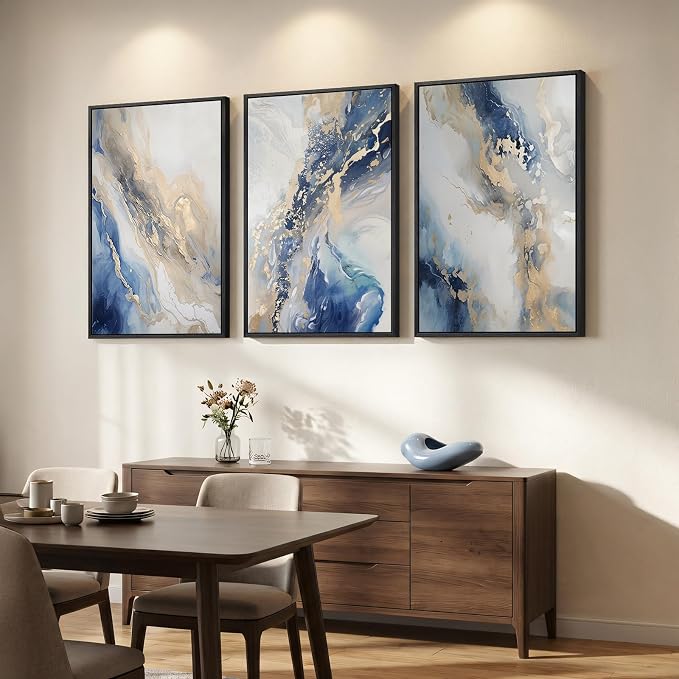 Large Framed Abstract Blue and Gold Wall Art for Living Room, 3 Piece Modern Canvas Artwork for Walls, Contemporary Pictures Prints Paintings for Bedroom Hallway Wall Decor, 24x36 Inch