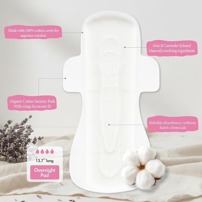 b.pure 100% Organic Cotton Herbal Overnight Feminine Pads with Wings | Chemical Free | Lavender & Aloe Infused | Heavy Flow | 24-Count