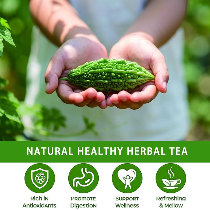 Samcci - Bitter Melon Tea Bags - 50 Count (2g Per Bag) - 100% Pure Natural Cut & Sifted Dried Momordica Charantia Slices - Non-GMO & Caffeine-Free - Plant-Based Corn Fiber Mesh Bags - Refreshing Herbal Tea