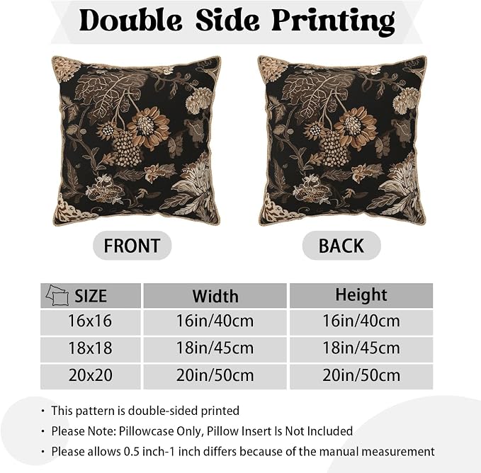 Vintage Black Floral Leaves Velvet Pillow Covers 16x16 Inch Brown Beige Tan Boho Flowers Throw Pillows For Couch Cushion Covers Pillowcase Farmhouse Bohemian Pillow Cases for Sofa Bed Bedroom