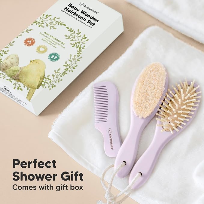 Wooden Baby Hair Brush Set for Newborns, Toddlers - Soft Goat Bristle Baby Brush and Comb Set Newborn Grooming Kit for Cradle Cap Care, Durable & Gentle, Boy, Girl Infant Essentials (Regular, Thistle)