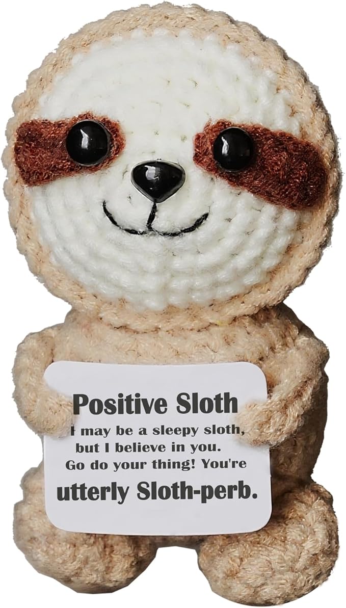 Sloth Gifts, Crochet Positive Support Sloth– Handmade Emotional Cheer Support Funny Sloth Gifts for Friend Coworker Birthday Christmas Stocking Stuffer White Elephant Under 10 Dollars