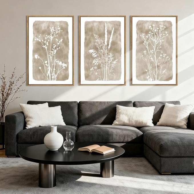ANHUIB Beige Neutral Floral Canvas Wall Art 24x36 Inch Framed Brown Botanital Wall Decor Large Rustic Farmhouse Wildflower Artwork Boho Vintage Plant Art Prints Set of 3 for Living Room Bedroom Office