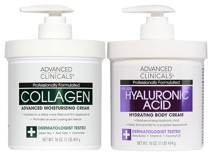 Advanced Clinicals Hyaluronic Acid Moisturizer + Fragrance Free Collagen Cream Face Moisturizer & Body Lotion 2pc Skincare Set For Women & Men Helps Reduce Appearance Of Crepey Skin & Dry Skin, 2pc