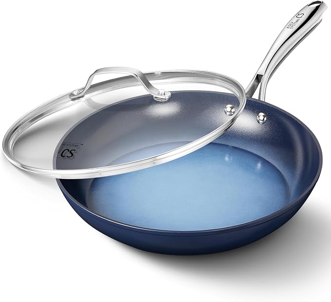KOCH SYSTEME CS Non Stick Frying Pans, 10 Inch Frying Pan Nonstick with Lid, Frying Pan with Lid & Non Toxic Ceramic Coatings, Induction Compatible, Gradient Blue