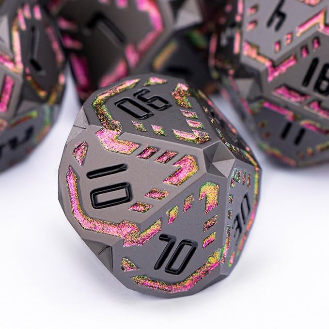 Metal DND Sci-fi Dice Set 7PCS Stripe Polyhedral Dice for Dungeons Dragons RPG Role Playing Game, Glitter D and D Dice with Gift Box D6 D8 D10 D12 D20 (Black&Purple Red)