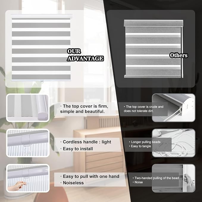 AOSKY Zebra Blinds for Windows Cordless Roller Shades for Home Free-Stop Windows Shades Dual Layer Light Control for Day and Night Easy to Install (49" W X 72" H, Grey)