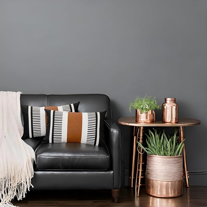 2 Pack 12x20 Lumbar Throw Pillow Covers, Faux Leather & Cotton Canvas with Black Stripes, Rectangular Decorative Pillow Case for Living Room, Sofa, Couch, Bedroom, Modern Farmhouse Home Decor