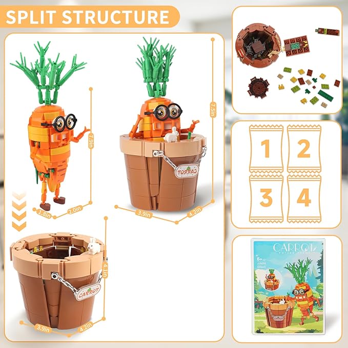 Creative Carrot Model Building Set – Potted Plant Blocks Compatible with Lego, Home & Office Desk Decor, Ideal Building Toy Gift for Kids Ages 6+ & Adults (JJ9209)