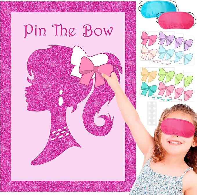 Pink Girl Party Supplies Decorations, Cute Girl Princess Pin The Bow on The Head Party Game, Large Poster with 24Pcs Bow Stickers Favors for Kids’ Birthday Party